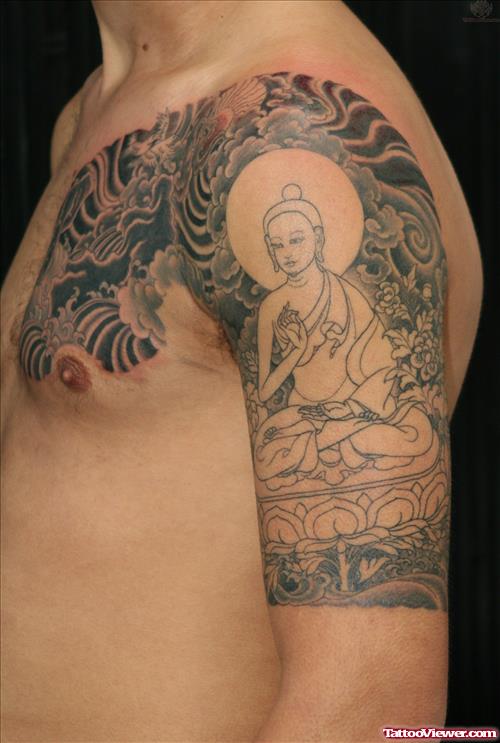Awesome Grey Ink Buddha Half Sleeve Tattoo For Men