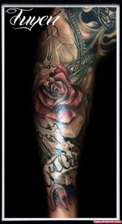 Red Rose Flower And Banner Half Sleeve Tattoo