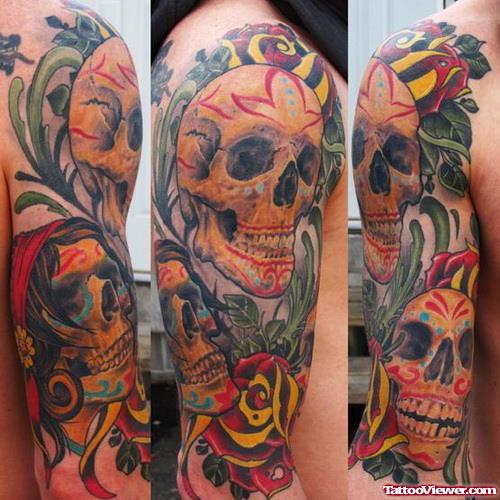 Color Rose Flower And Skull Half Sleeve Tattoo
