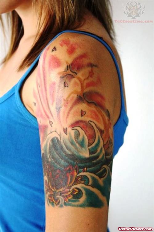 Color Flower And Water Wave Half Sleeve Tattoo