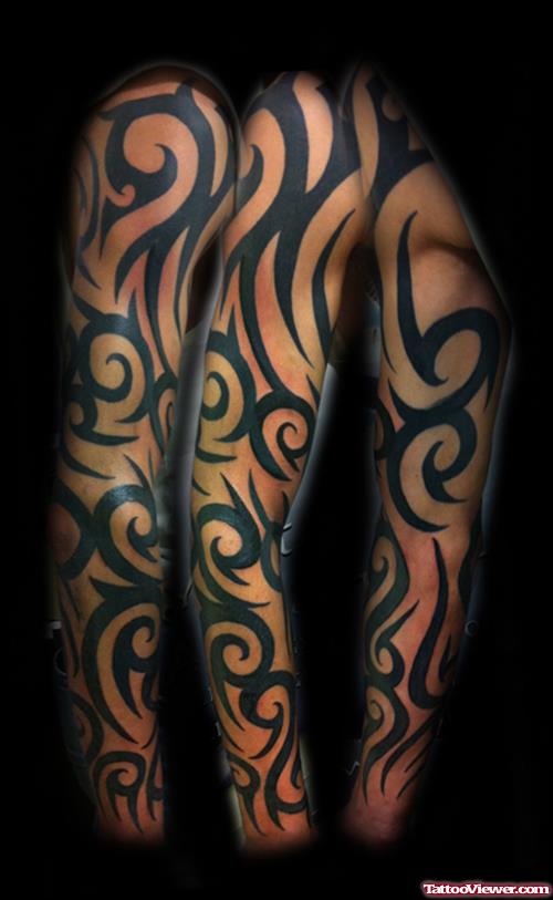 Attractive Black Ink Tribal Half Sleeve Tattoo Design
