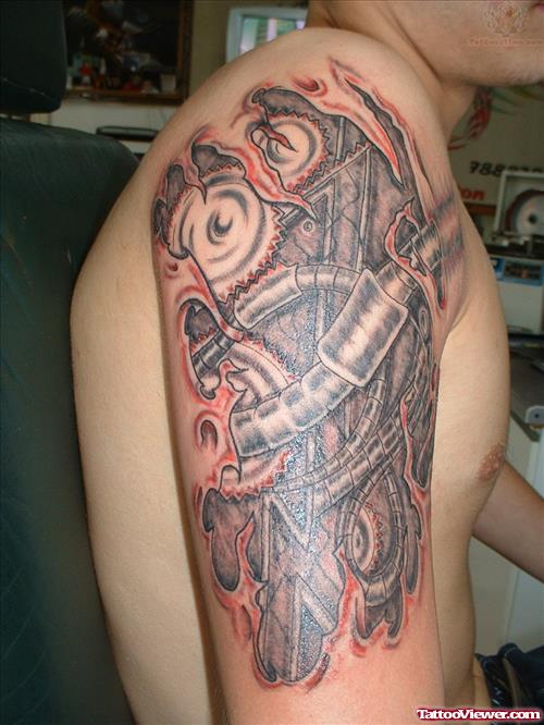 Amazing Grey Ink Biomechanical Half Sleeve Tattoo