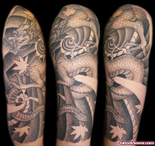 Japanes eGRey Ink Dragon Half Sleeve Tattoo