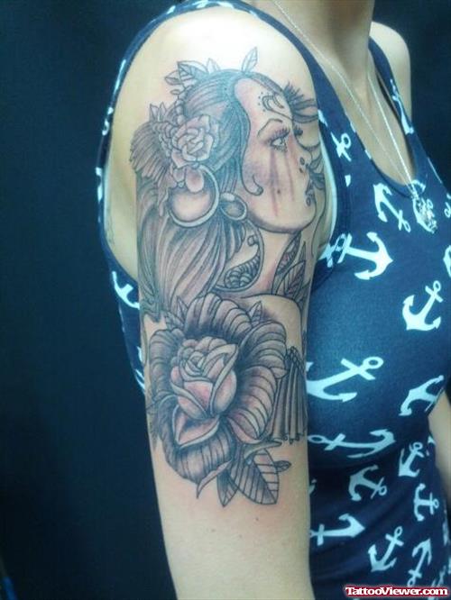 Grey Rose Flower And Girl Head Half Sleeve Tattoo