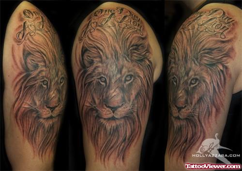 Grey Ink Lion Head Half Sleeve Tattoo