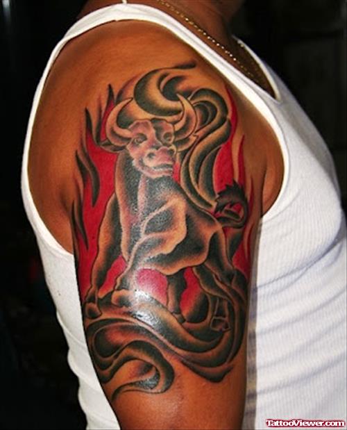 Grey Flames And Taurus Half Sleeve Tattoo