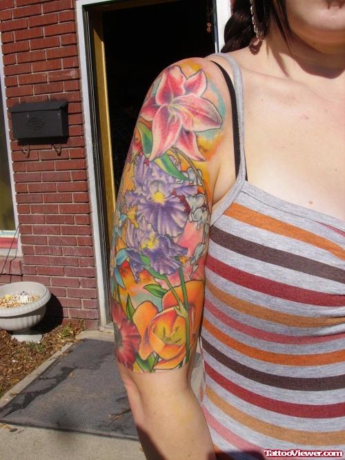 Colored Flowers Half Sleeve Tattoo For Girls