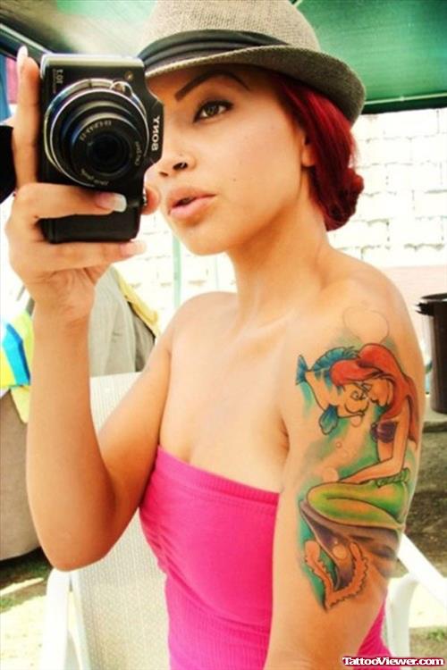 colore Mermaid And Fish Half Sleeve Tattoo