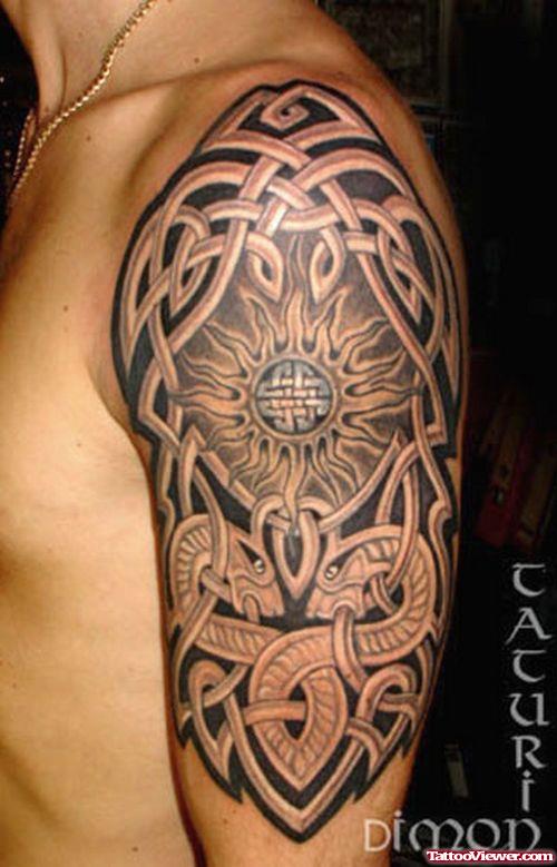 Best Grey Ink Tribal Half Sleeve Tattoo For Men