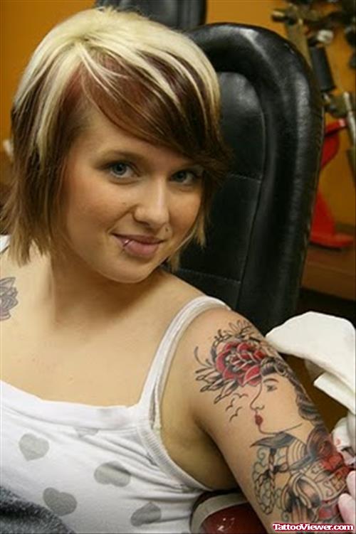 Red Rose Half Sleeve Tattoo For Women