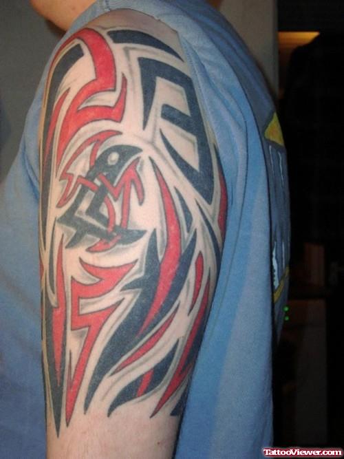 Red And Black Tribal Half Sleeve Tattoo For Men