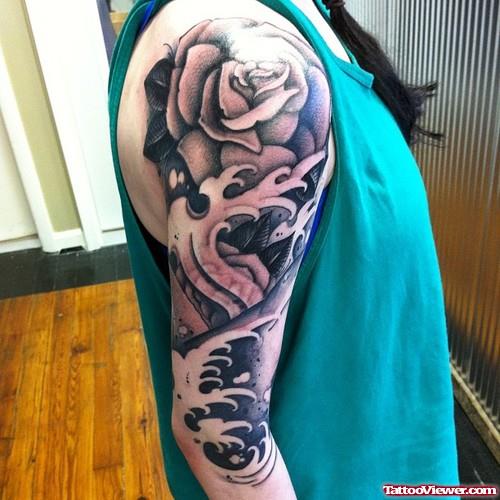 Grey Ink Rose Flower And Half Sleeve Tattoo For Girls