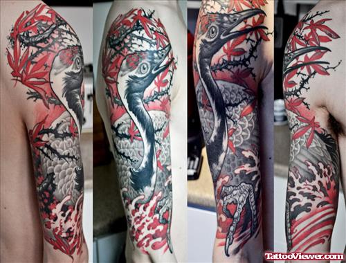 Crane And Tree Half Sleeve Tattoo