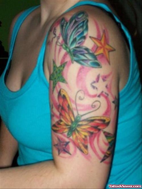 Colored Butterflies Half Sleeve Tattoo For Girls