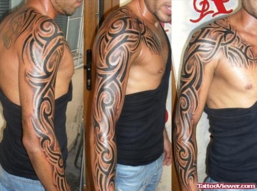 Black Ink Tribal Man Half Sleeve Tattoo