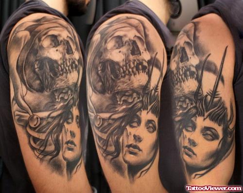 Skull and Girl Head Half Sleeve Tattoo