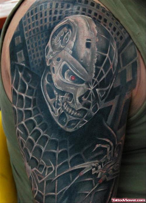 Grey Ink Spiderman Skull Half Sleeve Tattoo