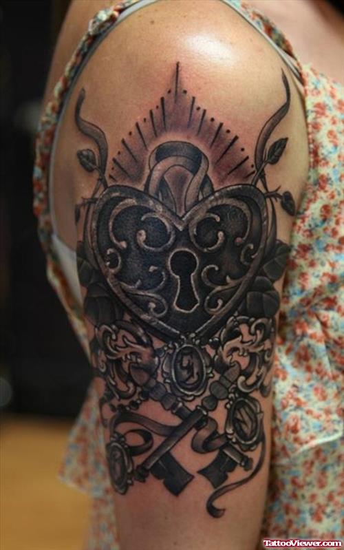 Grey Ink Lock Heart Half Sleeve Tattoo