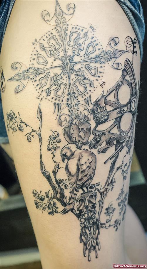 Grey Ink Leg Half Sleeve Tattoo