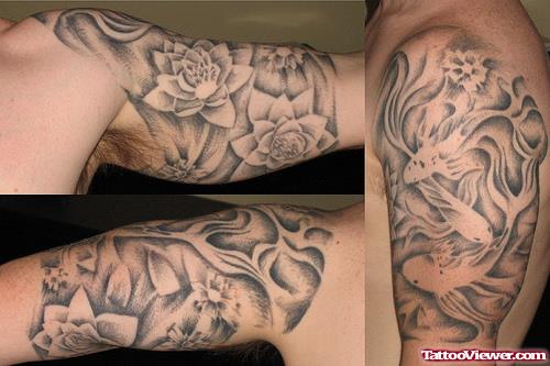 Grey Ink Flowers Half Sleeve Tattoo For Men