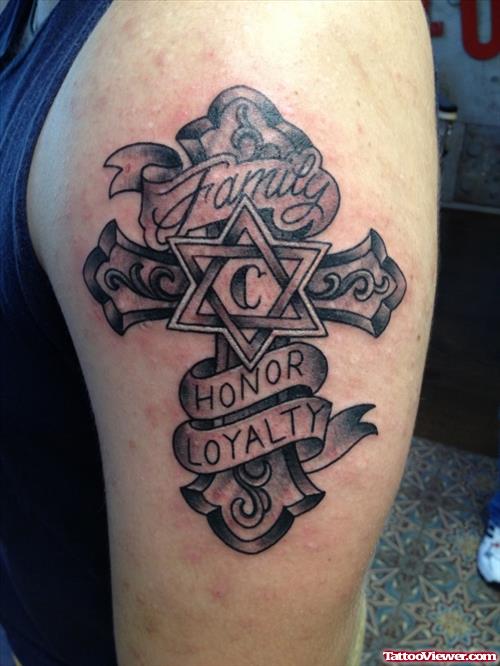 Grey Ink Cross and Star Half Sleeve Tattoo