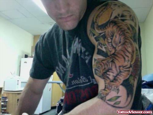 Color Ink Tiger Half Sleeve Tattoo