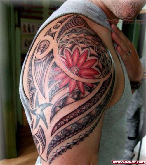 Maori With Colour Flower Half Sleeve Tattoo