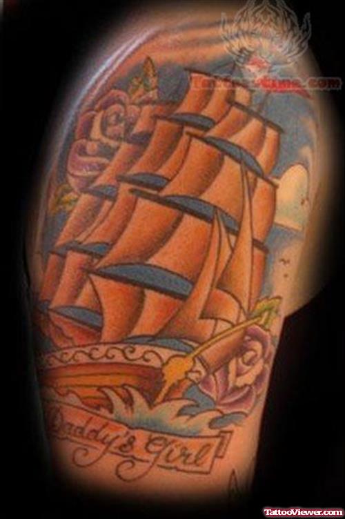Mack Ship Tattoo On Half Sleeve