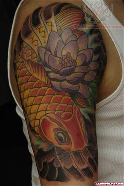 Flower And Koi Fish Half Sleeve Tattoo