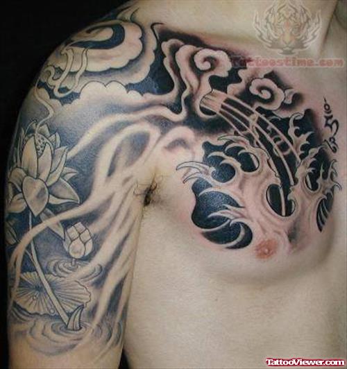 Lotus Black Ink Tattoo On Sleeve And Chest