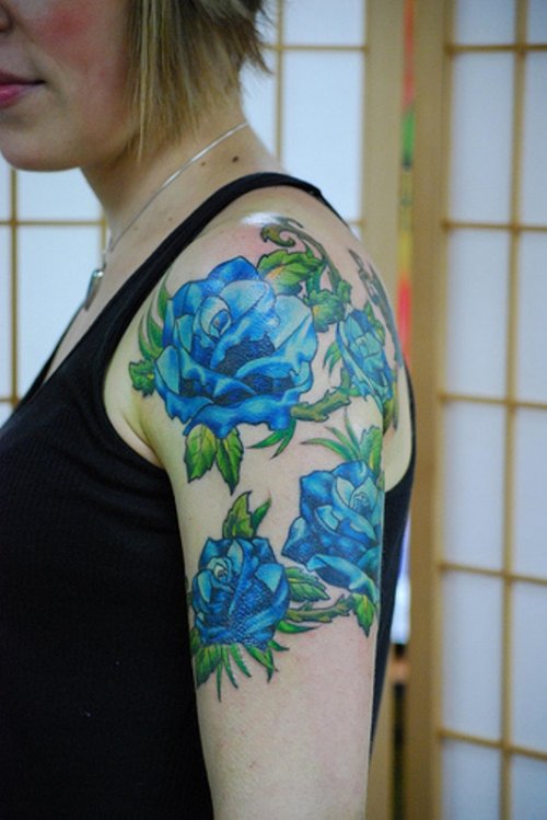 Blue Flowers Half Sleeve Tattoo