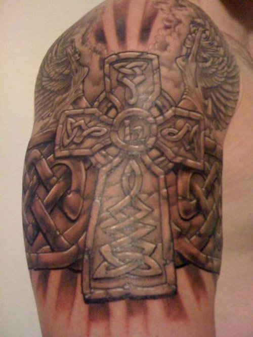 Grey Ink celtic Cross Half Sleeve Tattoo