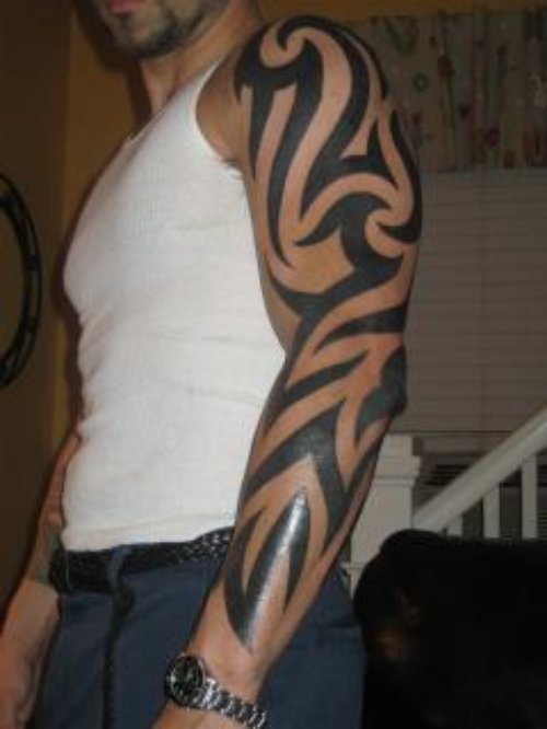 Black Tribal Left Half Sleeve Tattoo For Men
