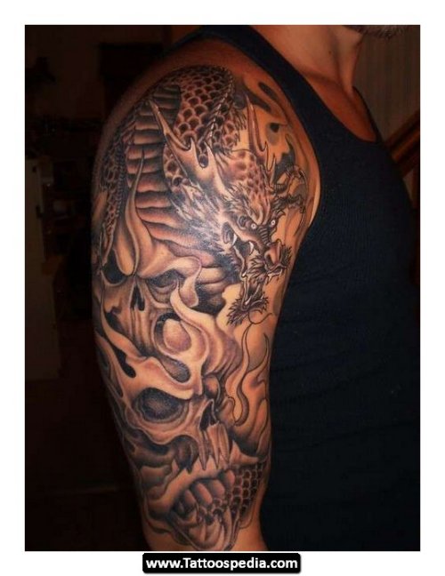Grey Ink Dragon Half Sleeve Tattoo For Men