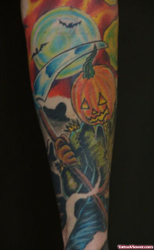 Pumpkin With Reaper Tattoo On Sleeve