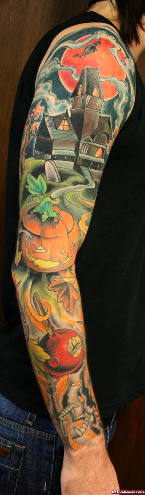 Full Sleeve Color Halloween Tattoo
