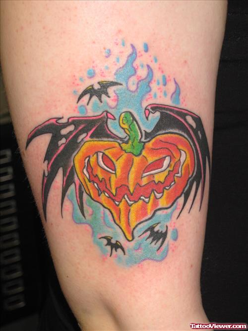 Devil Pumpkin Halloween Tattoo On Right Sleeve
