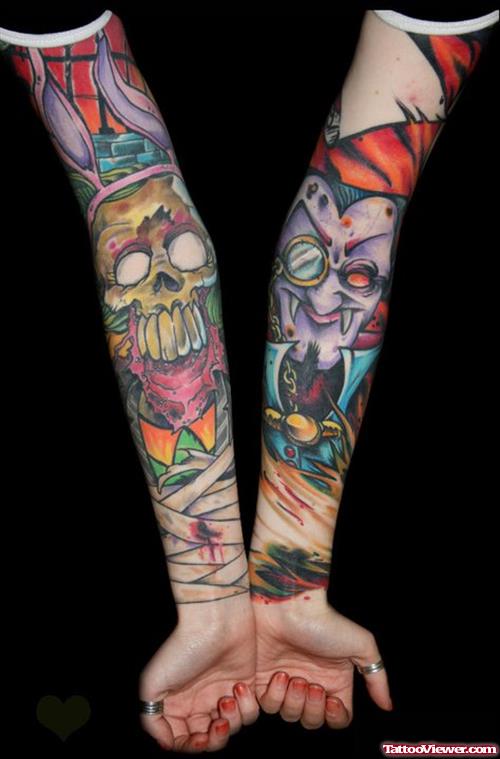Colored Halloween Tattoos On Both Forearm