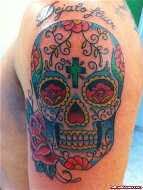 Color Flowers And Sugar skull Halloween Tattoo