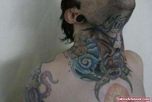 Awesome Color Ink Halloween Tattoo On Neck