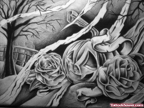 Grey Rose Flowers And Halloween Tattoo Design