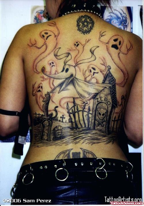Grey Ink Nightmare Halloween Tattoo On Back