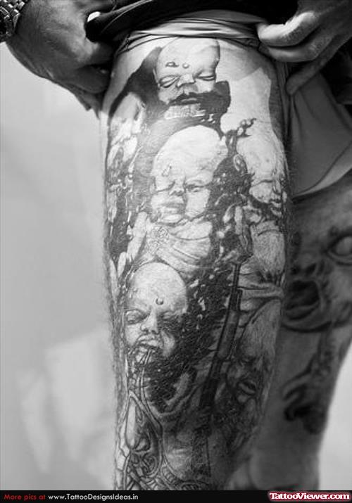 Grey Ink Halloween Tattoo On Right Leg