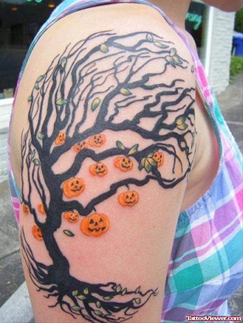 Black Ink Tree And Pumpkins Halloween Tattoo On Half Sleeve