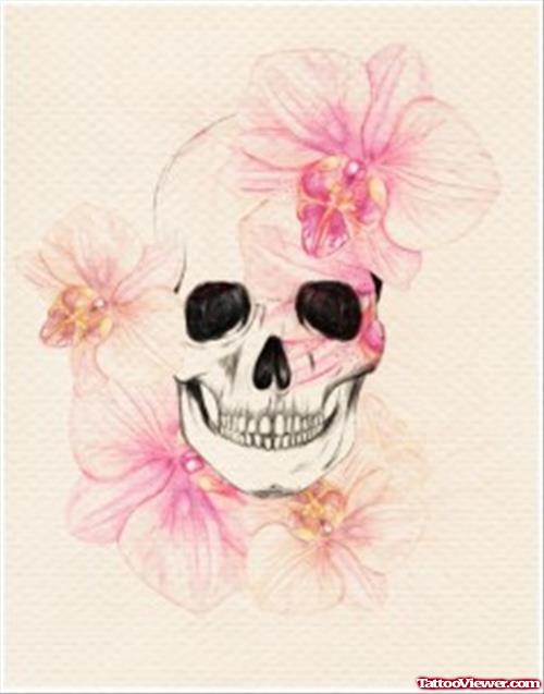 Pink Flowers and Halloween Skull Tattoo Design