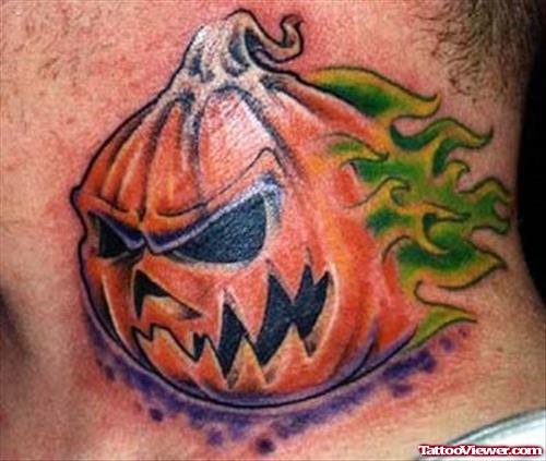 Flaming Pumpkin Halloween Tattoo On Side Neck
