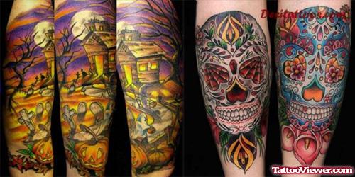 Colored Ink Halloween Tattoos
