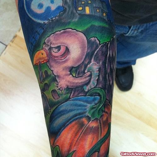 Colored Halloween Tattoo On Right Sleeve