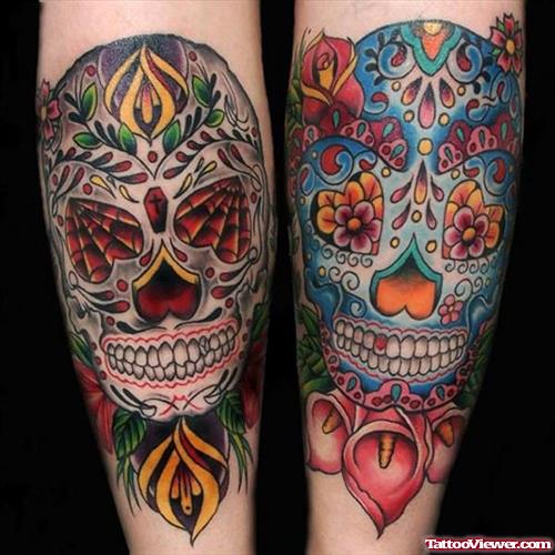 Color Sugar Skull Halloween Tattoos