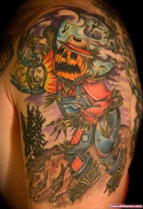 Color Ink Halloween Tattoo On Left Shoulder